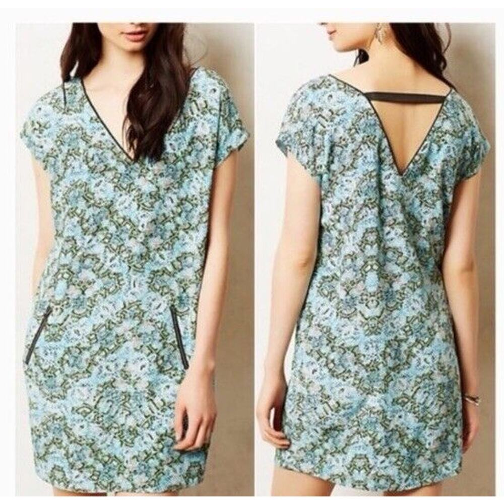 Anthropologie Maeve 8 Serpentine Green Teal Tunic Lightweight Mini Silk Dress